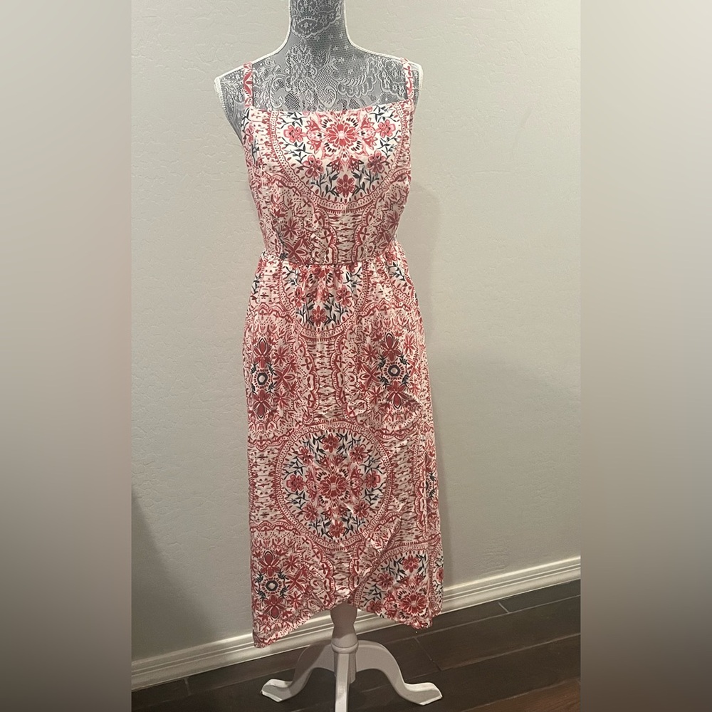 Women's Red Floral Midi Dress with Spaghetti Straps
